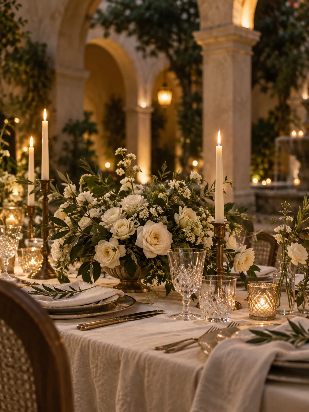 Una mesa con flores y velas para una cena romántica de ejemplo