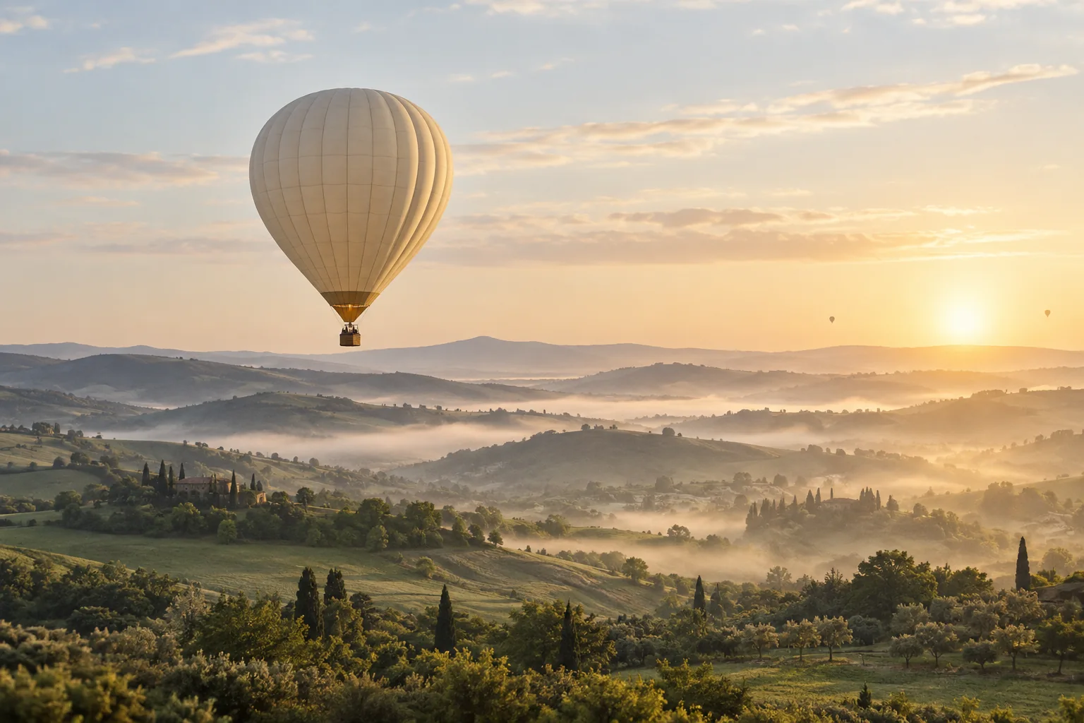Un globo aerostático sobre el paisaje al amanecer, experiencia de ejemplo