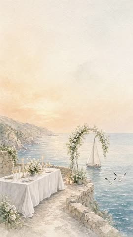 Invitación con fondo animado Cena en el acantilado: Un velero cruza la bahía y planean las gaviotas.