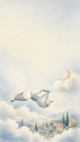 Invitación con fondo animado La cigüeña: La cigüeña vuela sobre las nubes con su bultito.