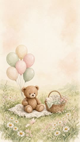 Invitación con fondo animado Osito con globos: Los globos se mecen y vuelan mariposas en el prado.