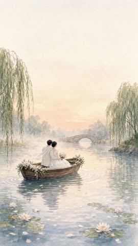 Invitación con fondo animado Barca en el lago: Los novios en una barca de flores entre sauces.