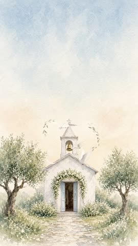 Invitación con fondo animado Capilla entre olivos: Dos palomas vuelan alrededor del campanario.