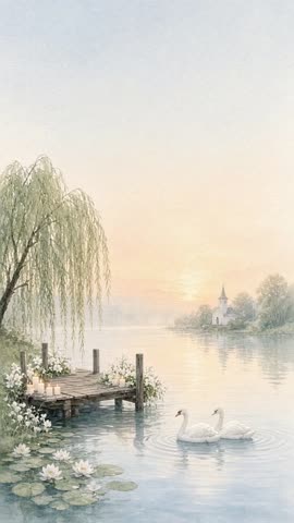 Invitación con fondo animado Lago de los cisnes: Dos cisnes se deslizan junto al muelle con velas.