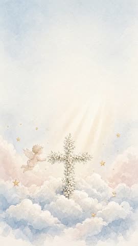 Invitación con fondo animado Entre nubes: Un angelito y una cruz de flores flotan entre nubes.