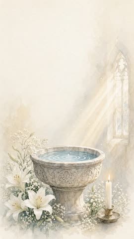 Invitación con fondo animado Pila bautismal: El agua de la pila se mueve bajo la luz del ventanal.