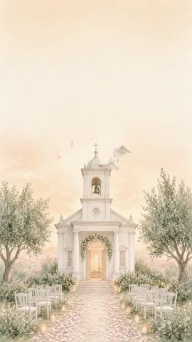 Invitación con fondo animado Capilla con palomas: Palomas que vuelan alrededor del campanario.