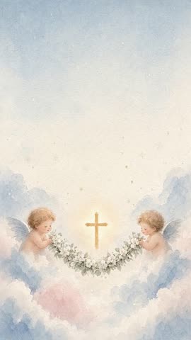 Invitación con fondo animado Angelitos: Dos angelitos sostienen una guirnalda junto a la cruz.
