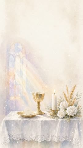 Invitación con fondo animado Cáliz y vitral: La luz del vitral se mueve sobre el cáliz y la vela.