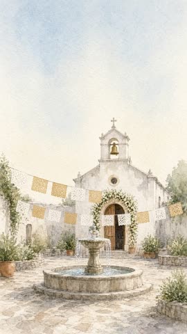 Invitación con fondo animado Iglesia del pueblo: Se mueven las campanas y el papel picado blanco.