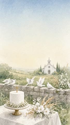 Invitación con fondo animado Palomas y espigas: Las palomas aletean en la barda y se mecen las espigas.