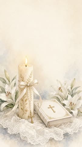 Invitación con fondo animado Vela y rosario: La flama de la vela titila junto al rosario de perlas.