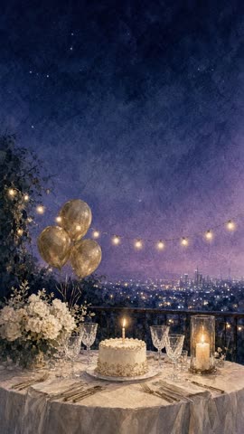 Invitación con fondo animado Cena de brindis: Velas, globos dorados y las luces de la ciudad.