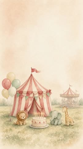 Invitación con fondo animado Circo de juguete: Ondean los banderines y gira el carrusel.