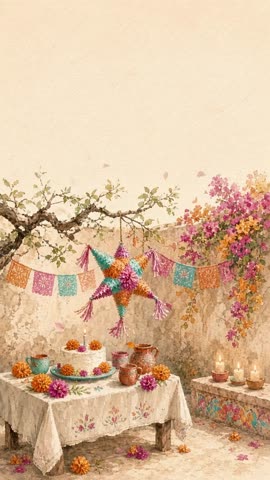 Invitación con fondo animado Fiesta mexicana: Se mueve el papel picado y gira la piñata.