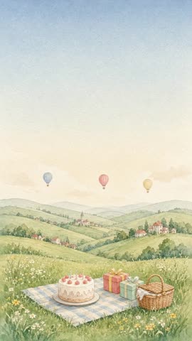 Invitación con fondo animado Globos aerostáticos: Tres globos flotan sobre las colinas.
