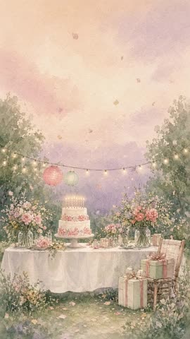 Invitación con fondo animado Jardín de farolitos: Los farolitos se mecen y cae confeti sobre el pastel.