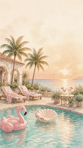 Invitación con fondo animado Alberca con flamingo: Los flotadores se mecen en la alberca de la villa.
