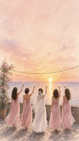 Invitación con fondo animado Brindis de las amigas: La novia y sus amigas brindan frente al mar.