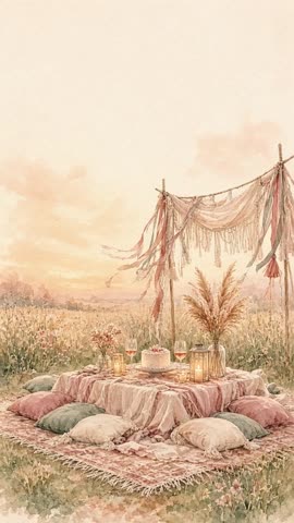 Invitación con fondo animado Picnic boho: Se mecen los listones y las pampas al atardecer.