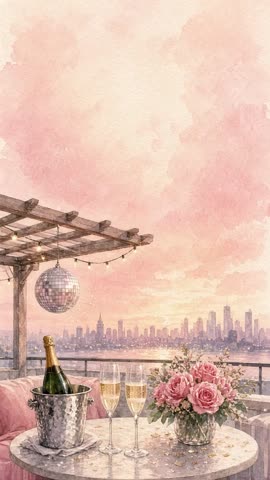 Invitación con fondo animado Terraza con bola disco: La bola disco gira y suben burbujas en las copas.