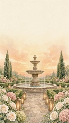 Invitación con fondo animado Fuente del jardín: El agua de la fuente corre y las velas titilan.