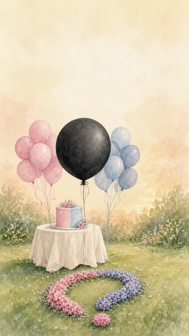 Invitación con fondo animado El globo de la sorpresa: El globo negro espera junto a los globos rosas y azules.