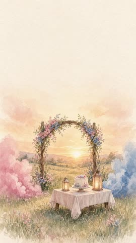 Invitación con fondo animado Humo rosa y azul: El humo rosa y azul se arremolina junto al arco de flores.
