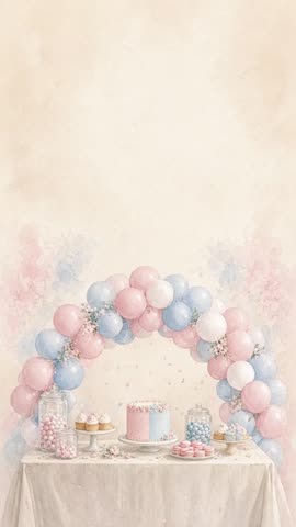 Invitación con fondo animado Mesa de dulces: Cae confeti rosa y azul frente a la mesa de dulces.