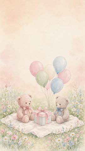 Invitación con fondo animado Ositos rosa y azul: Dos ositos con moño y los globos que se mecen.