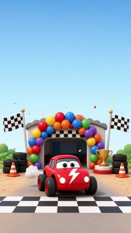 Invitación con fondo animado Coche de carreras: Un coche rojo en la meta, con globos y confeti.