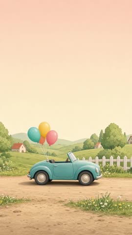 Invitación con fondo animado Paseo en convertible: Un convertible con globos recorre el campo.