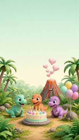 Invitación con fondo animado Dinos de cumpleaños: Dinos bebé alrededor del pastel; el volcán suelta corazones.