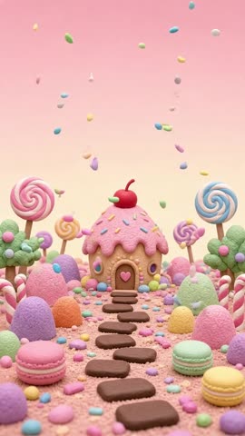 Invitación con fondo animado Mundo de dulces: Casita de cupcake, paletas, gomitas y chispas.