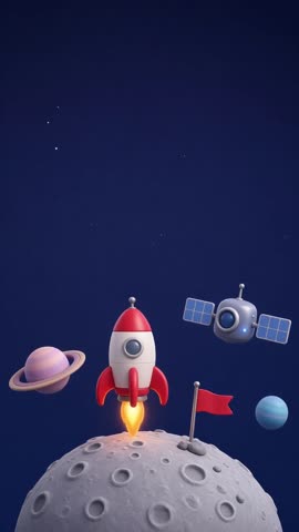 Invitación con fondo animado Viaje al espacio: Un cohete sobre la luna, con planetas y un satélite.
