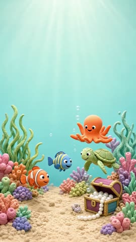 Invitación con fondo animado Fondo del mar: Un pulpo, peces, una tortuga y un cofre con burbujas.