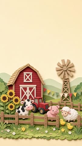 Invitación con fondo animado Granja feliz: Granero, molino, vaca, cerdito, borrego y pollitos.