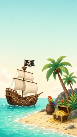 Invitación con fondo animado Isla pirata: Un barco pirata, un perico y el cofre del tesoro.