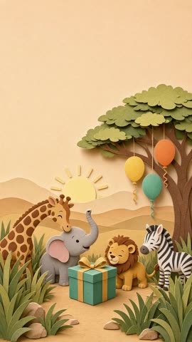 Invitación con fondo animado Safari de fiesta: Jirafa, elefante, león y cebra con un regalo.