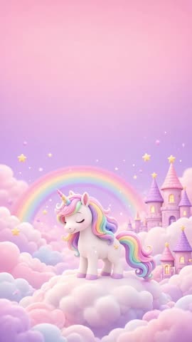 Invitación con fondo animado Unicornio en las nubes: Un unicornio, arcoíris y castillitos de algodón.
