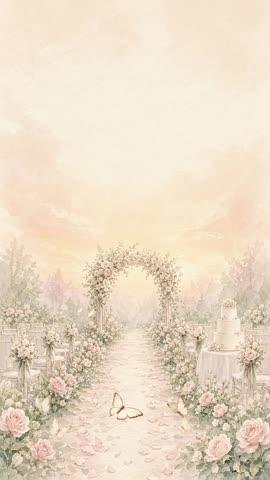 Invitación con fondo animado Pasillo de rosas: Mariposas sobre el pasillo y el arco de flores.