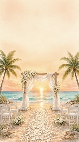 Invitación con fondo animado Ceremonia en la playa: Llegan las olas y se mecen las telas del arco.