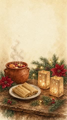 Invitación con fondo animado Ponche y velitas: Sale vapor del ponche y titilan las velitas.
