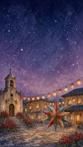 Invitación con fondo animado Pueblito nevado: Cae nieve sobre la plaza y se mecen los faroles.