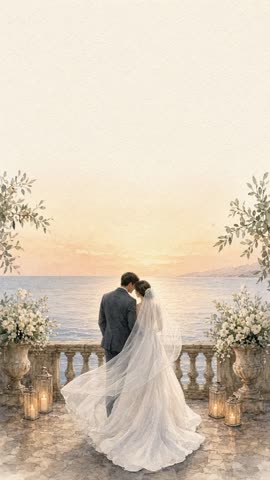 Invitación con fondo animado Terraza frente al mar: Los novios en la terraza; el velo ondea con la brisa.