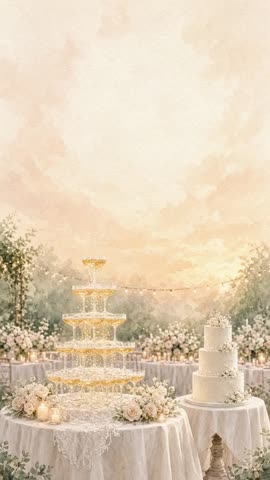 Invitación con fondo animado Torre de champaña: La champaña cae en cascada junto al pastel.
