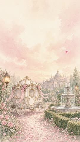 Invitación con fondo animado Carruaje de cuento: Los listones del carruaje ondean y la fuente brilla.