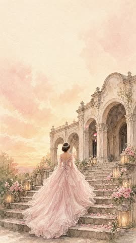 Invitación con fondo animado Escalinata de la hacienda: La quinceañera en la escalinata; su vestido se mece con la brisa.
