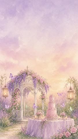 Invitación con fondo animado Jardín de mariposas: Mariposas sobre las glicinas y el pastel rosa del kiosco.