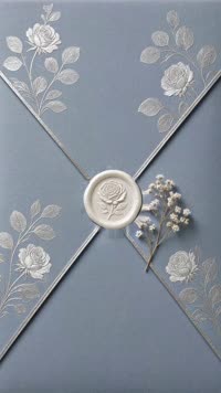 Sobre Azul y plata: Papel azul polvo con rosas plateadas, sello blanco y ramito de nube; forro plata.
